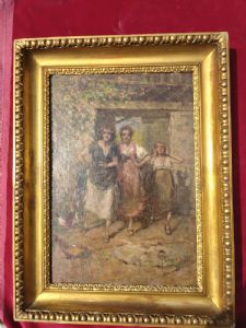 Todeschini  giovanni Battista  Como 1857-1938 scena di cascina lombarda con contadine firmato olio su tela cm.40x 60 
